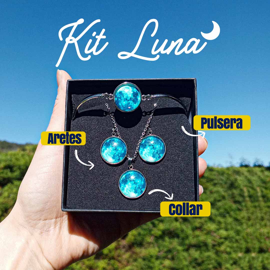 Kit Lunar "Blue Moon" Collar, Aretes y Pulsera