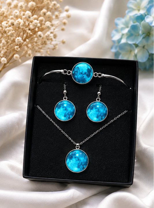 Kit Lunar "Blue Moon" Collar, Aretes y Pulsera
